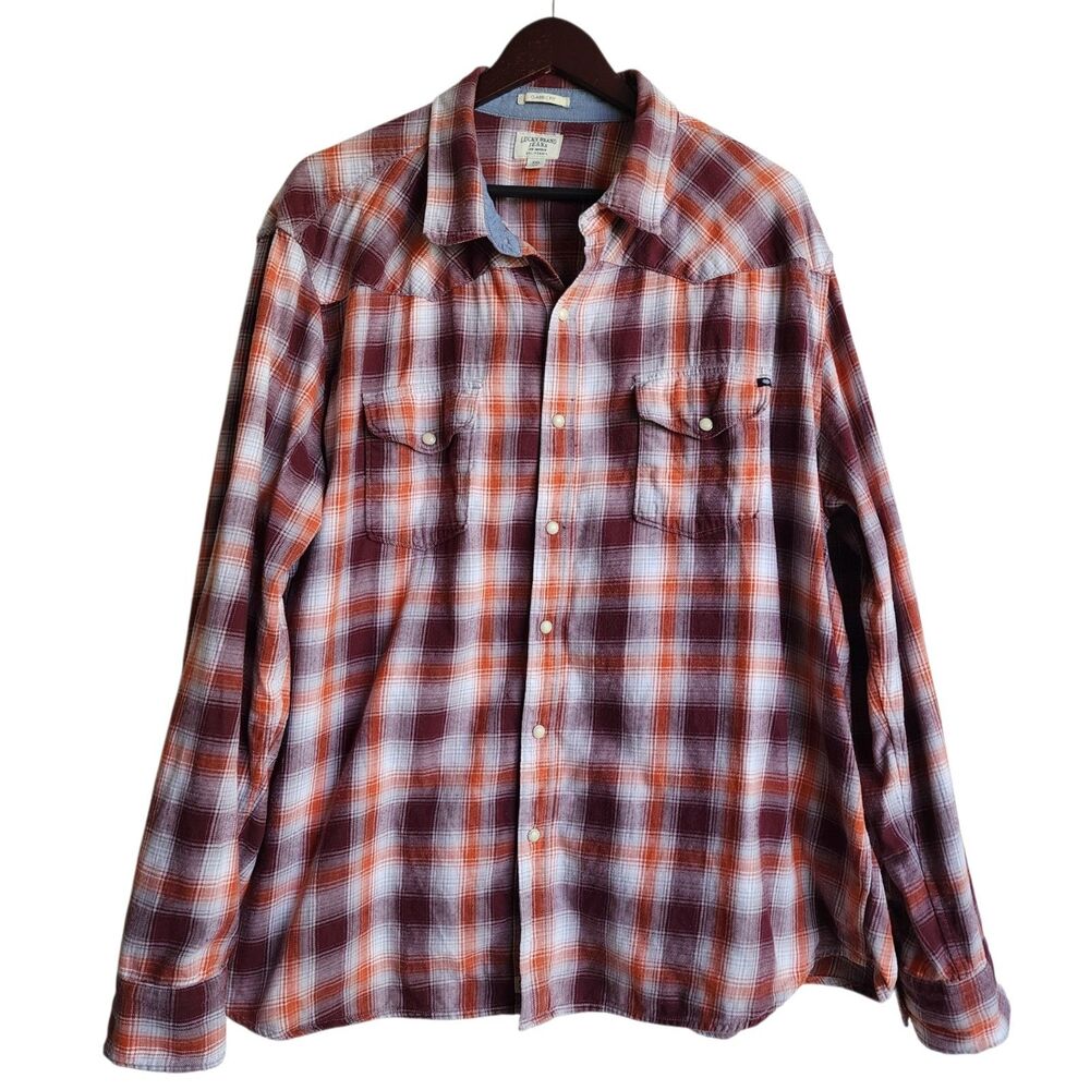 ​Lucky Brand Jeans Western Pearl Snap Shirt Men XXL Classic Fit Plaid Orange